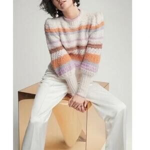 Rebecca Taylor Cream Multi Fluffy Stripe Puff Sleeve Alpaca Sweater Sz.L NWT